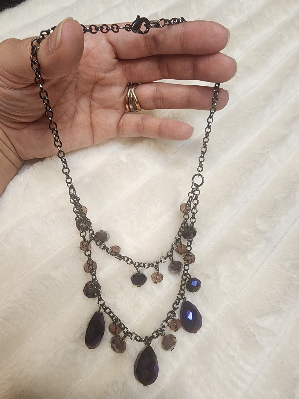 Purple Faceted Bead Layered Statement Necklace Gunmetal Tone Teardrop Dangles